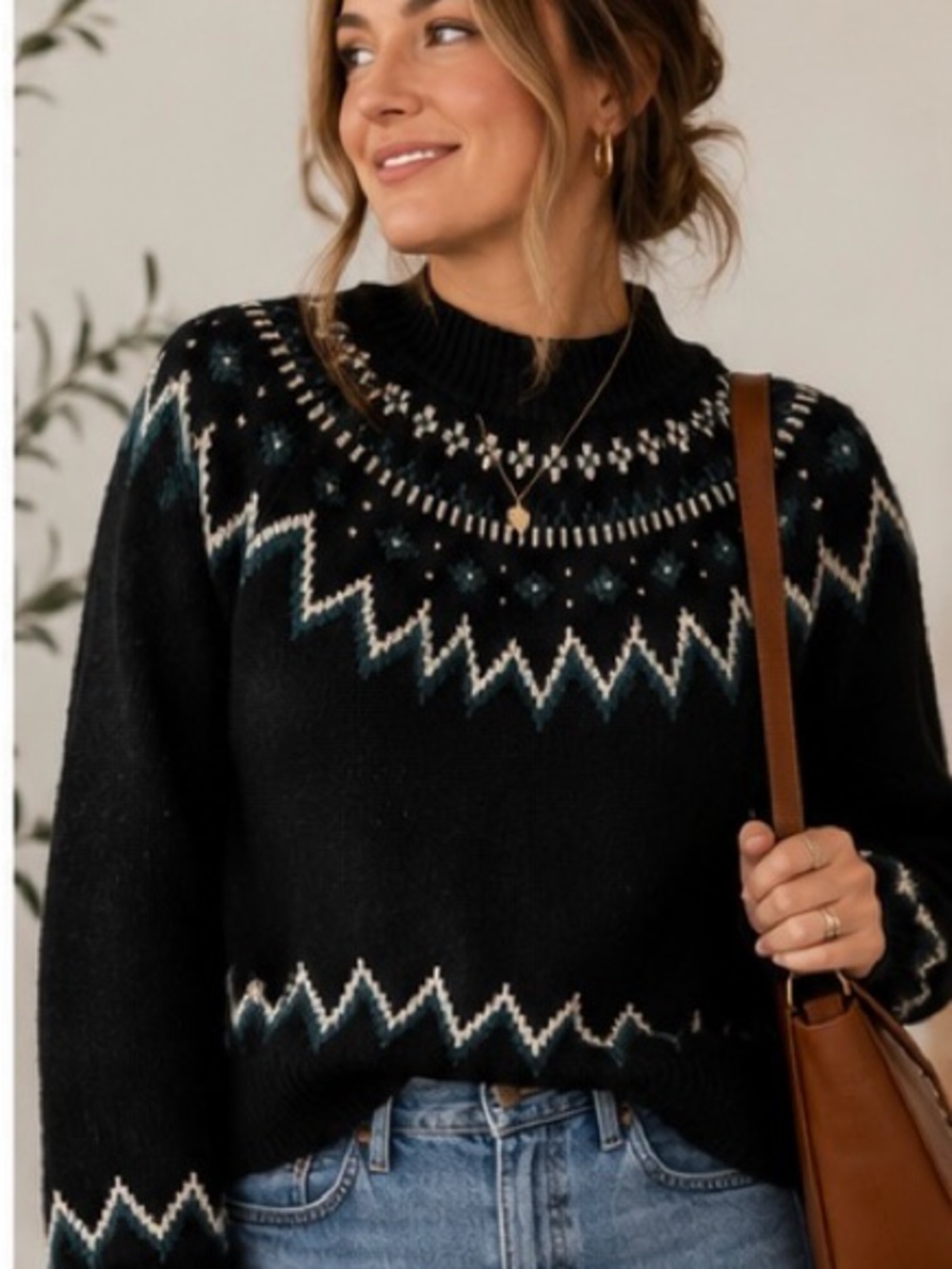 Who What Wear Fair Isle Sweater Black Teal Cream Mock Neck Size M